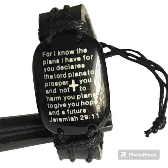 Jeremiah 29:11 Bible Verse Message Bracelet Mens Womens Black Leather Rope - Picture 1 of 11